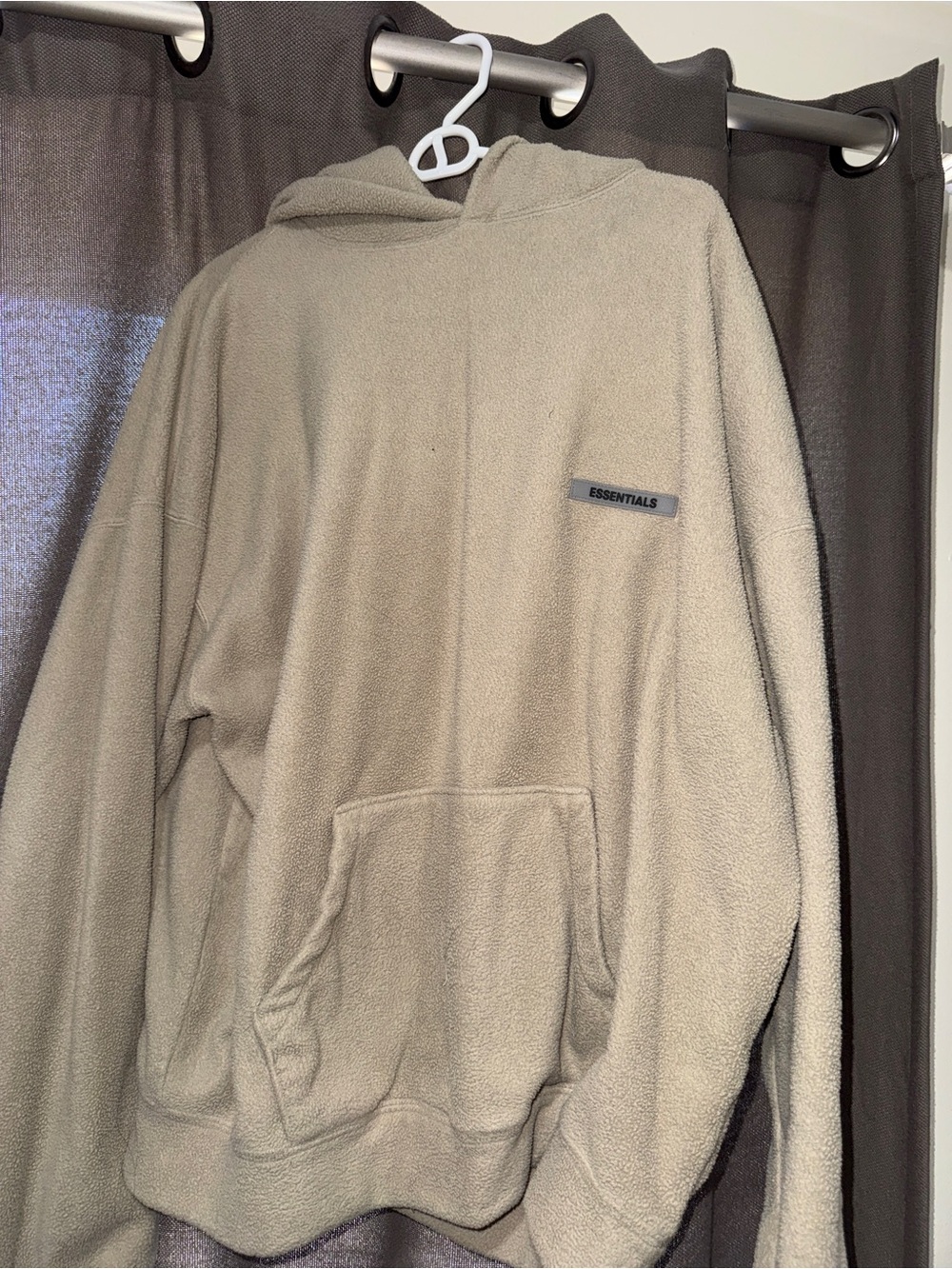 Essentials Fleece Pullover Hoodie in Beige with Gray Logo Patch